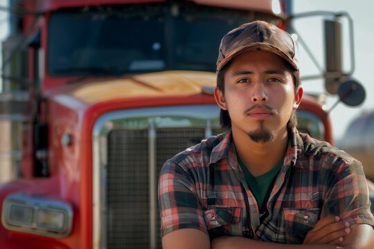 Portrait of a young male Hispanic truck driver