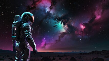 Fototapeta premium In the midst of a swirling nebula, a lone figure drifts in an avant-garde dystopian copy space