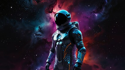 Fototapeta premium In the midst of a swirling nebula, a lone figure drifts in an avant-garde dystopian copy space