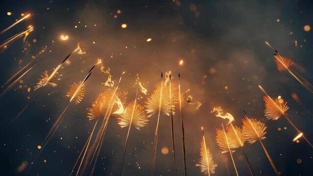 A dramatic image of flaming arrows soaring through a smoky night sky, surrounded by glowing embers. The scene is intense and dynamic, capturing the energy and motion of the fiery projectiles.
