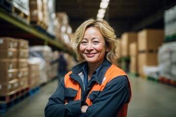 Fototapeta premium Smiling portrait of middle aged female warehouse worker