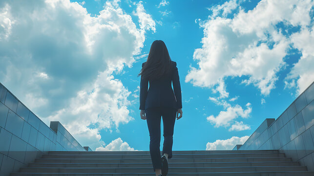 A woman in business attire walking up a staircase towards a bright sky filled with fluffy clouds, symbolizing progress and ambition.