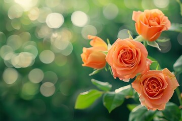 Orange roses on green leaf background with soft focus.