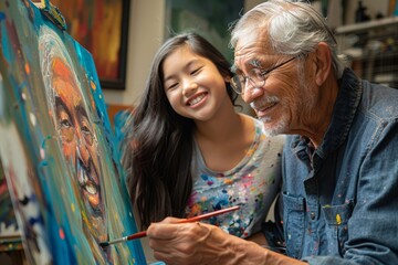 A father and daughter painting a canvas - Powered by Adobe