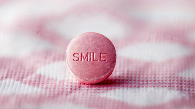 pilule rose avec le texte "SMILE" en anglais - drogue ou antid&eacute;presseur