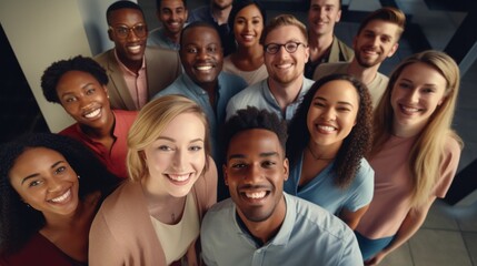 Obraz premium Group of various happy young people looking up and smiling at the camera. Company employee team view from above