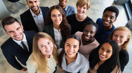 Fototapeta premium Group of various happy young people looking up and smiling at the camera. Company employee team view from above