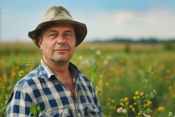 Portrait of a middle aged male farmer on field
