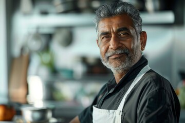 Fototapeta premium Portrait of a middle aged male chef in professional kitchen