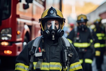 Naklejka premium Firefighters wear full protective respirators.