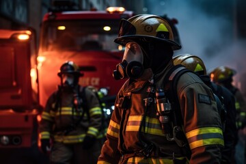 Firefighters wear full protective respirators.