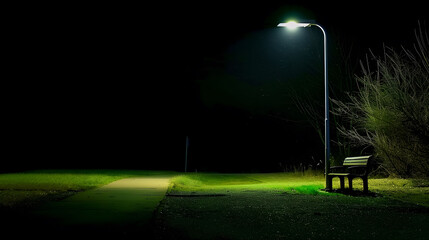 A solitary bench under the glow of a streetlight at night