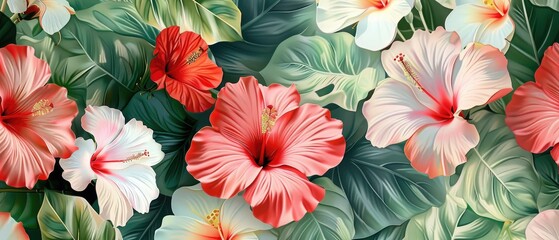 vintage botanical Hibiscus flowers digital illustration on a beautiful fantasy wallpaper background perfect for floral pattern fabric print cover invitation poster banner