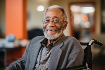 Obraz premium Portrait of a smiling senior man in wheelchair at nursing home