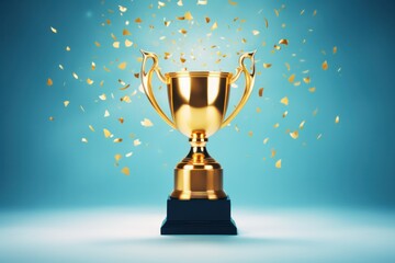 Trophy with golden confetti falling on a light blue background.