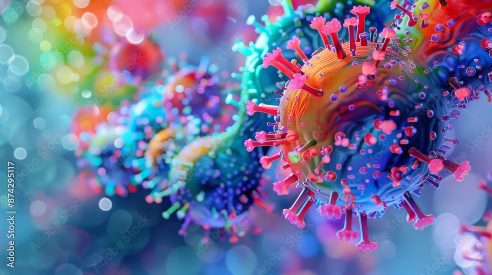 Poster a colorful virus, rendered in 3d, is shown up close with other viruses in the background.