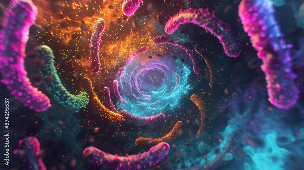 Poster abstract, colorful shapes swirl around a central vortex in a dark, space-like setting.