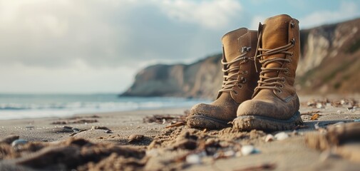 Two dirty brown boots are on the beach