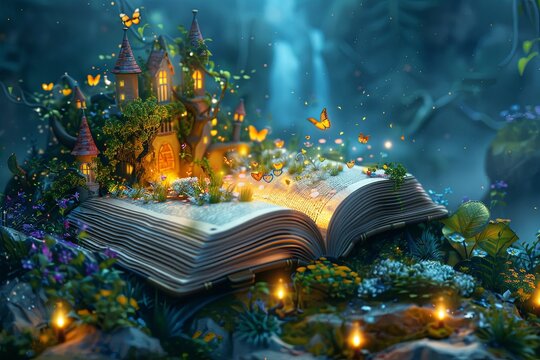 Happy World Book Day 3D-style illustration, featuring a magical book filled with enchanting stories