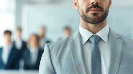 Fototapeta premium Confident businessman standing with colleagues blurred in the background, showcasing leadership and professionalism in a corporate environment.