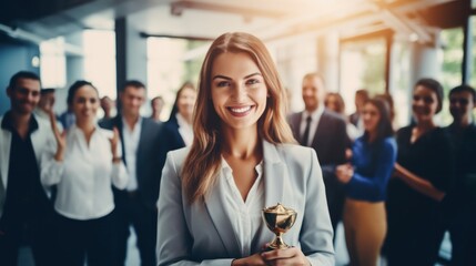 Happy female leader receives business award With a cheerful team of employees cheering behind you.
