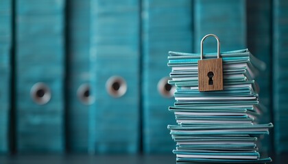 Stack of office folders secured with a lock, symbolizing data privacy and information security, with blue background and folders in the backdrop.