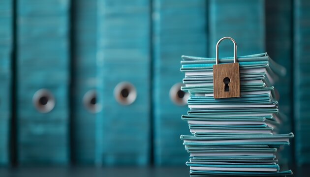 Stack of office folders secured with a lock, symbolizing data privacy and information security, with blue background and folders in the backdrop.