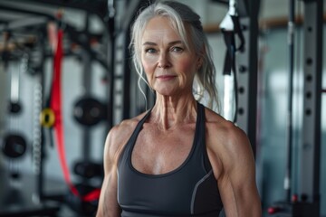 Fototapeta premium Portrait of a middle aged female fitness trainer in gym