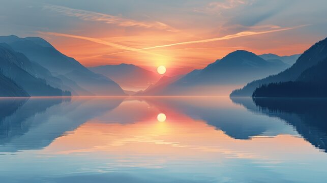 Design a serene sunset over a mountain lake, with reflections in the water. 7b
