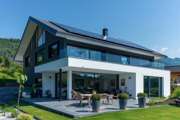 Exterior of a modern home with solar panels on roof