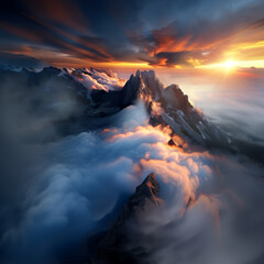 Fototapeta premium Breathtaking mountain landscape at sunrise, with dramatic clouds and vibrant colors creating a stunning natural scene.