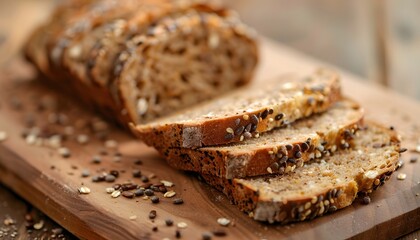 homemade seeded bread slice - Artisan Multi Grain Sourdough Bread with Flax Seeds Cut on a Wooden Board