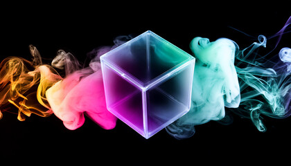 Smoke of bright gradient color, taking the shape of a Cube, flying on a black background