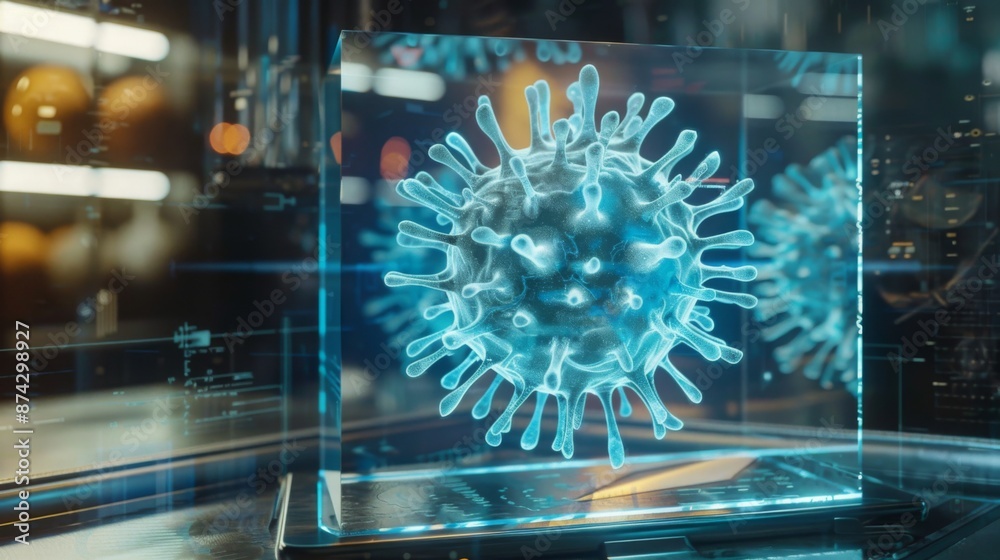 Poster A model of a virus is encased within a glass cube, illuminated with blue and white light. It appears to be in a laboratory setting.