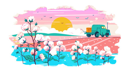 Colorful Sunset Road Trip Illustration with Blossoming Flowers