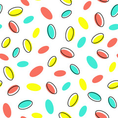 Vector seamless color pattern. Depicting coral, yellow and turquoise ovals with a black ring on a beautiful colored background