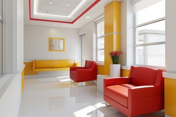 Modern waiting area with red chairs, yellow couch, and bright windows.