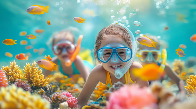 Children wear swimsuits and go snorkeling with fins, having fun. Underwater adventures with beautiful fish and corals.