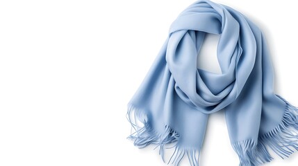 A light blue shawl with fringe edges, a solid color scarf for women, suitable as an elegant and stylish accessory or fashion piece to keep warm in cool weather. Isolated on white background. copy