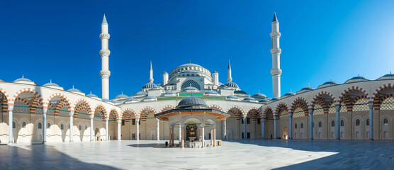 Obraz premium Camlica Mosque interior panorama in Istanbul, Turkey. Camlica Mosque the largest mosque on Istanbul Camlica hill