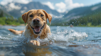 A Labrador Retriever joyfully frolicking in a glistening lake, set against a backdrop of distant mountains. Its wet fur reflects the sunlight, capturing the essence of an exciting outdoor excursion.

