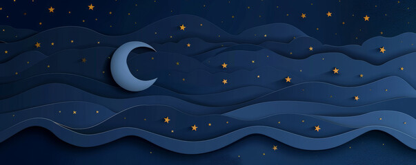 A cut-out paper banner with moon and star patterns, layered on a dark blue background, creating a night sky effect.