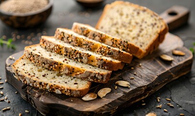 homemade seeded bread slice - Multi Grain Sourdough Bread with Flax Seeds Cut on a Wooden Board on a Rustic Table