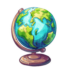 A cartoon globe with continents and oceans, standing on a wooden stand.  The globe is tilted slightly, giving a perspective of the Earth.