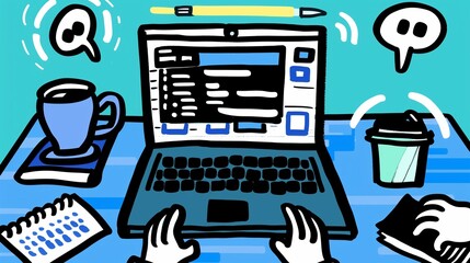 Illustration of tutoring and coding help concept, featuring a doodle style laptop with hands and open window screens, symbolizing online education and programming assistance.