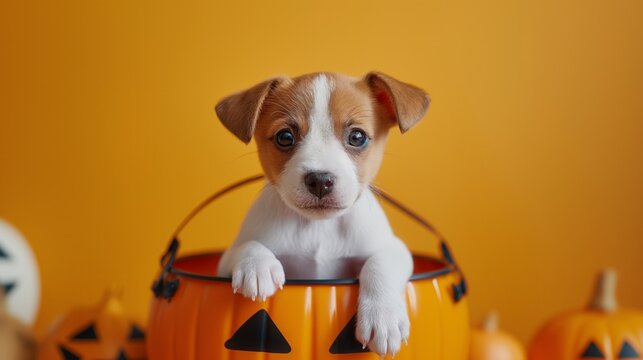 jack russell terrier puppy in pimpkin halloween