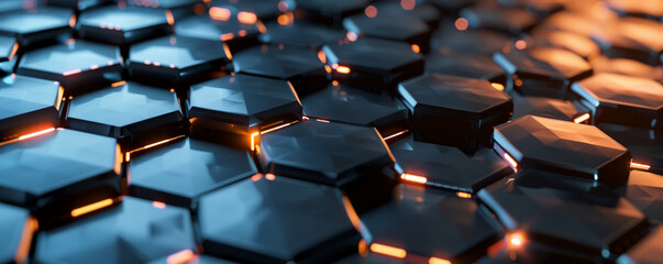 Obraz premium A futuristic metal surface with a repeating pattern of hexagonal tiles, each with a different shade of metallic sheen and glowing blue accents, creating a high-tech feel.