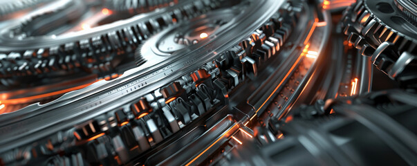 Fototapeta premium A futuristic metal surface with a series of interlocking gears and pulsing light strips, evoking a sense of complex machinery.