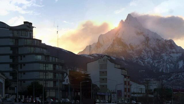 Sunset over Mount Olivia, Ushuaia, Tierra del Fuego, Argentina. 4K Resolution.