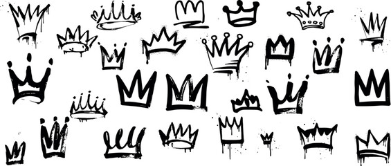 Vector set of spray paint crown. Black graffiti drawing king, queen or prince crowns. 